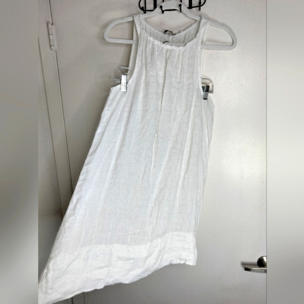 Francesca Betini (Size M) White 100% Linen Ruffle Halter Sleeveless Shift Dress